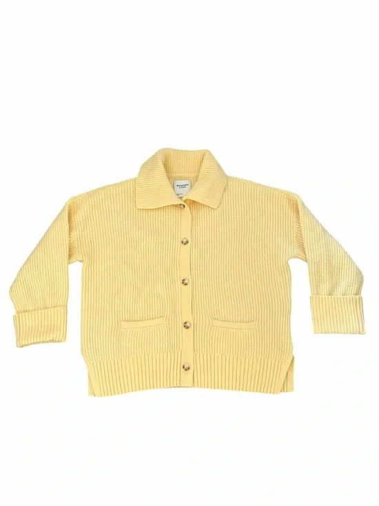 Abercrombie & Fitch Cardigan Sweater Chunky Knit Collard Light Yellow Large - Picture 2 of 5